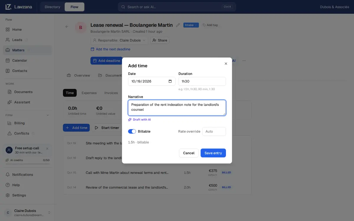 Finestra di dialogo Aggiungi tempo con la data, una durata di 1h30, una descrizione, l'opzione Fatturabile attiva e Sostituzione tariffa su Auto