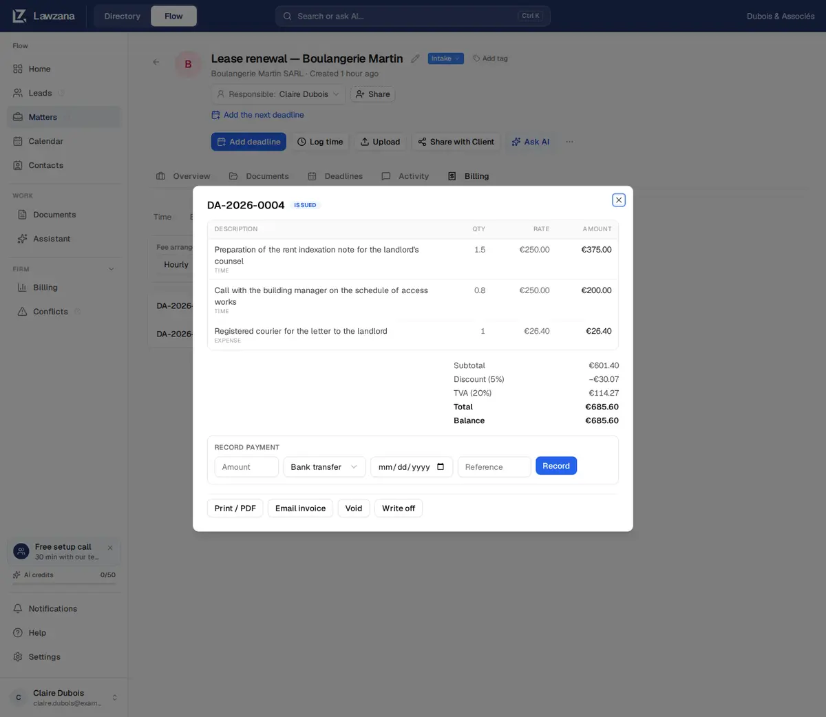 Faktur yang telah diterbitkan DA-2026-0004 beserta saldonya, panel Record payment, dan tombol Print / PDF, Email invoice, Void, serta Write off