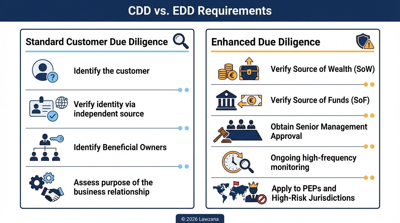 Comparison table outlining the requirements for Standard CDD versus Enhanced Due Diligence.