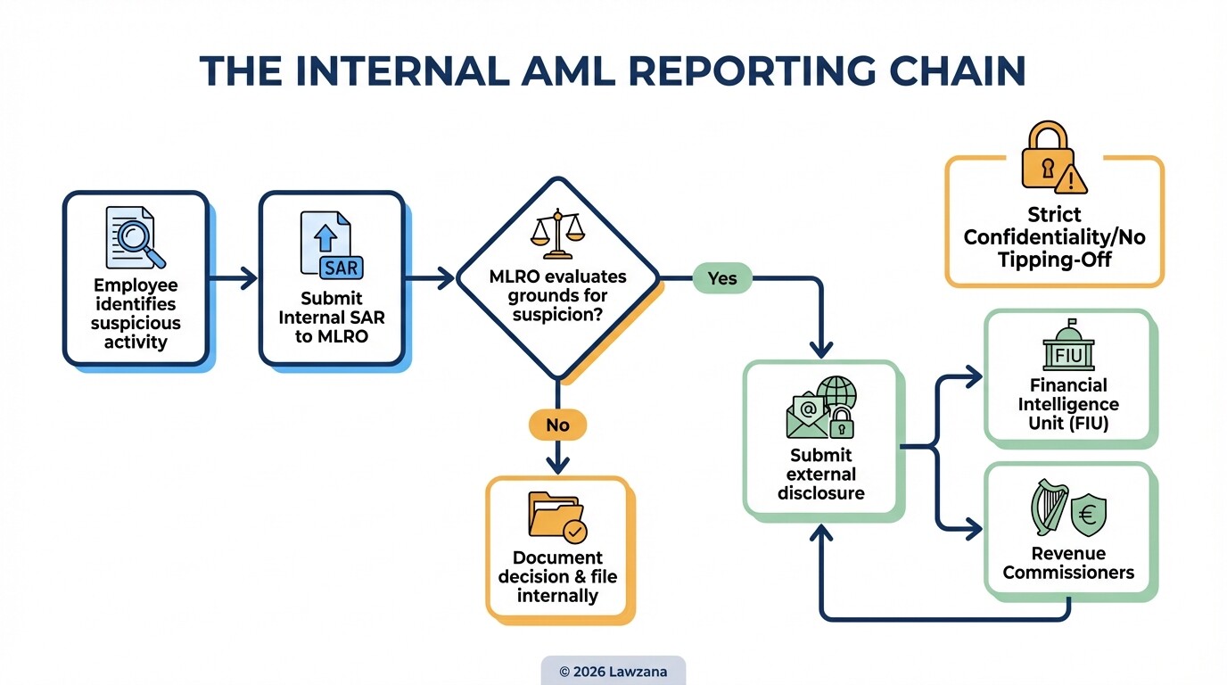 Flowchart showing the suspicious activity reporting process from employee to MLRO to authorities.