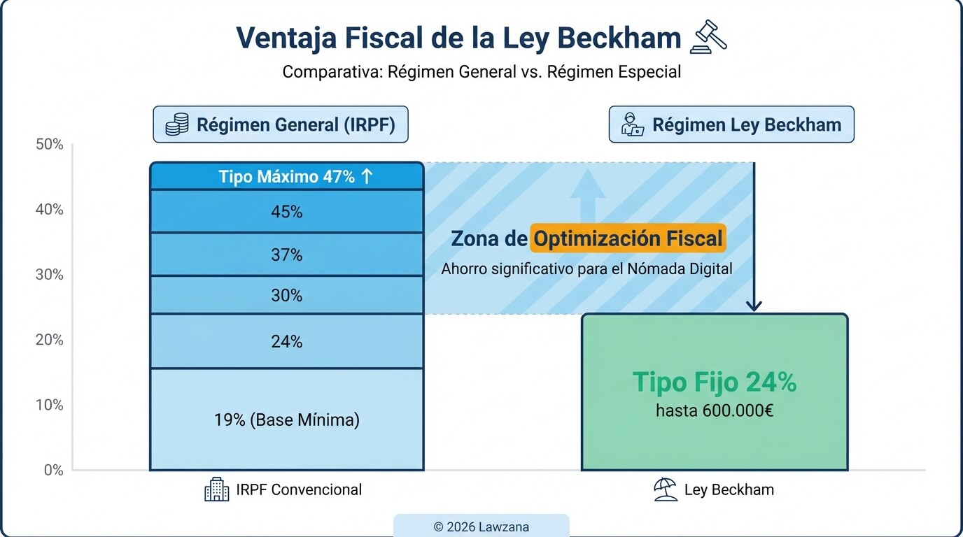 Comparativa visual entre el tipo impositivo fijo de la Ley Beckham y el IRPF progresivo general.