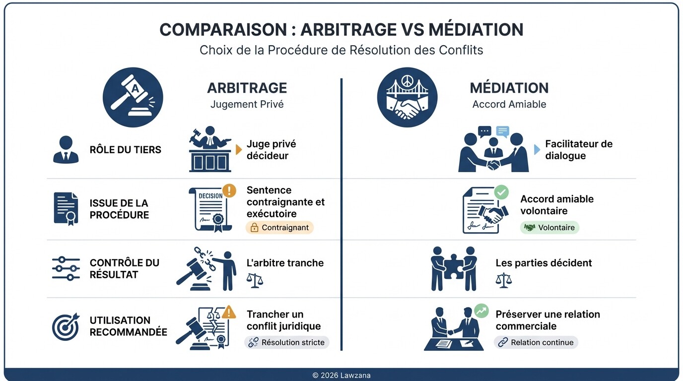Comparaison entre arbitrage et médiation : rôles, décisions et force exécutoire