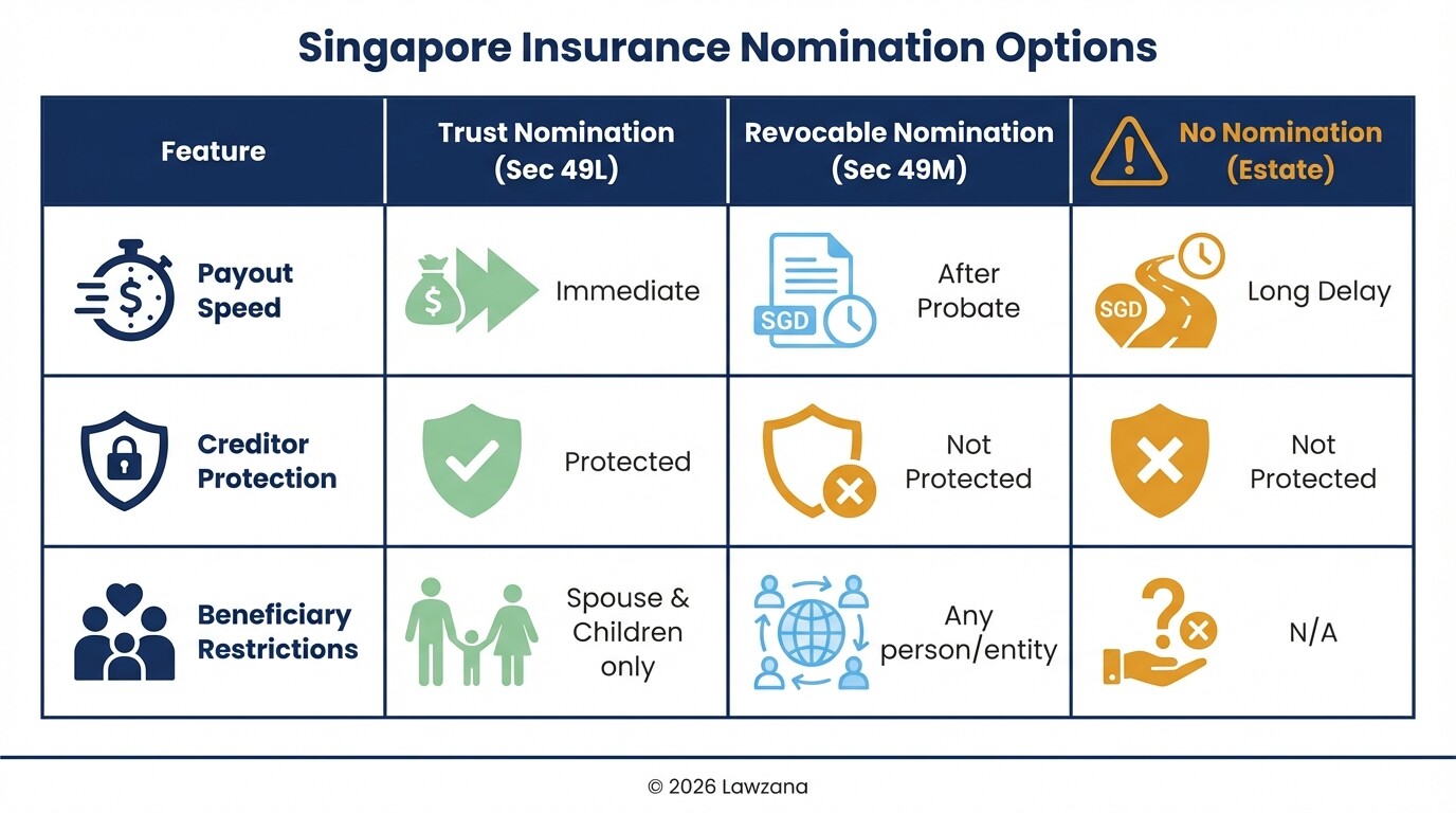 Comparison of Trust and Revocable insurance nominations under the Singapore Insurance Act.