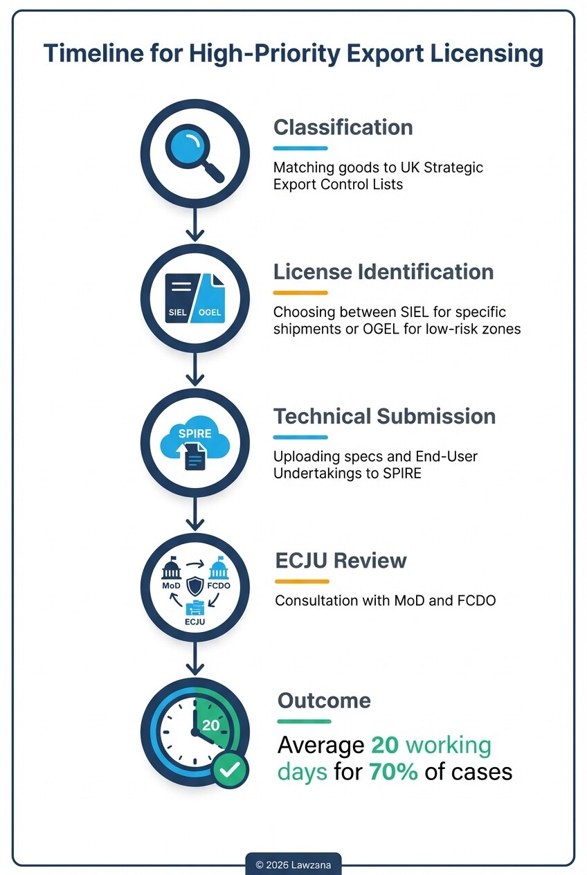 Process infographic showing the steps to apply for a UK export license