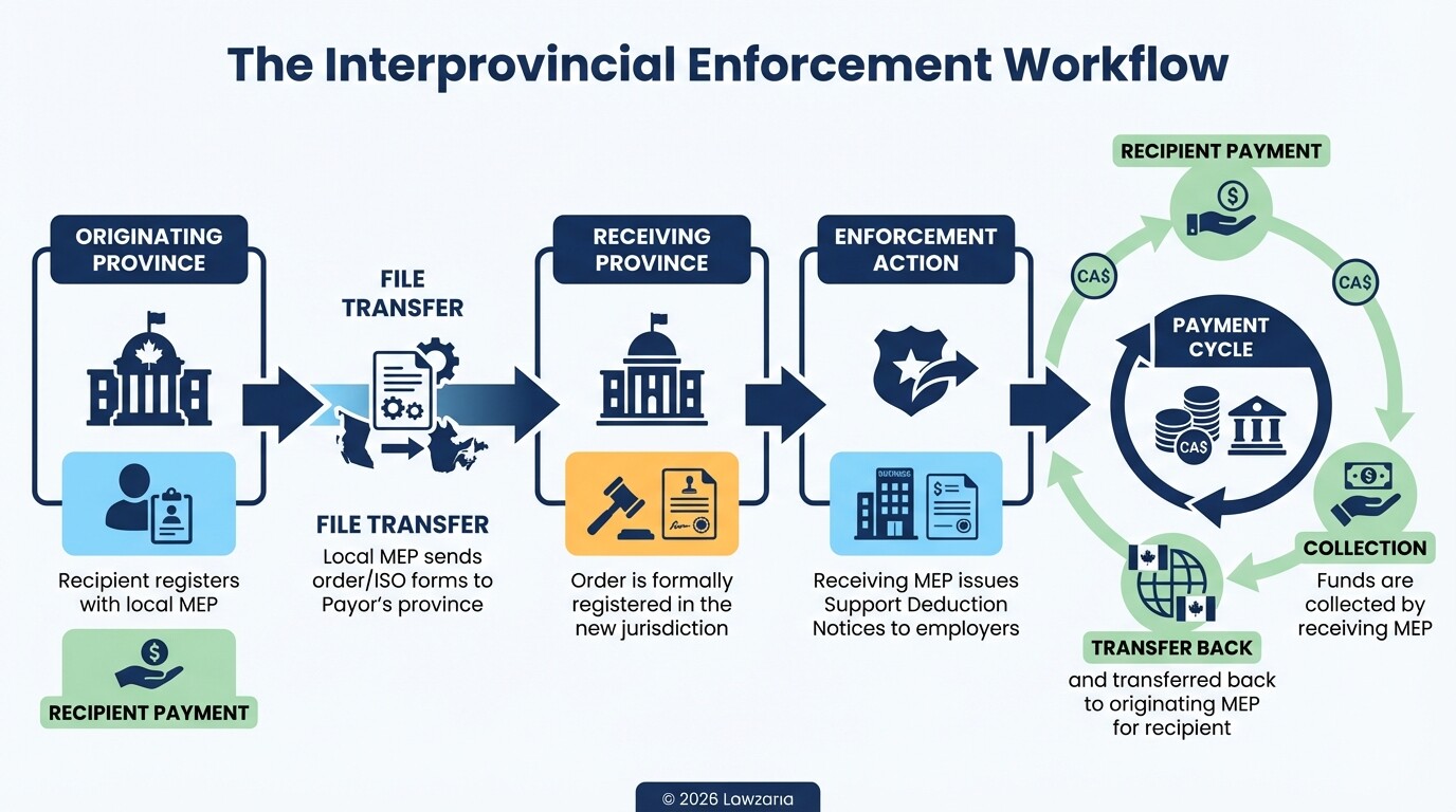 Flowchart showing the process of transferring a child support order between provincial enforcement programs.