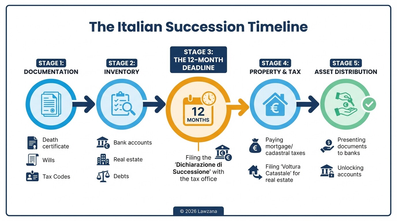 Timeline infographic showing the 5 stages of managing an Italian inheritance