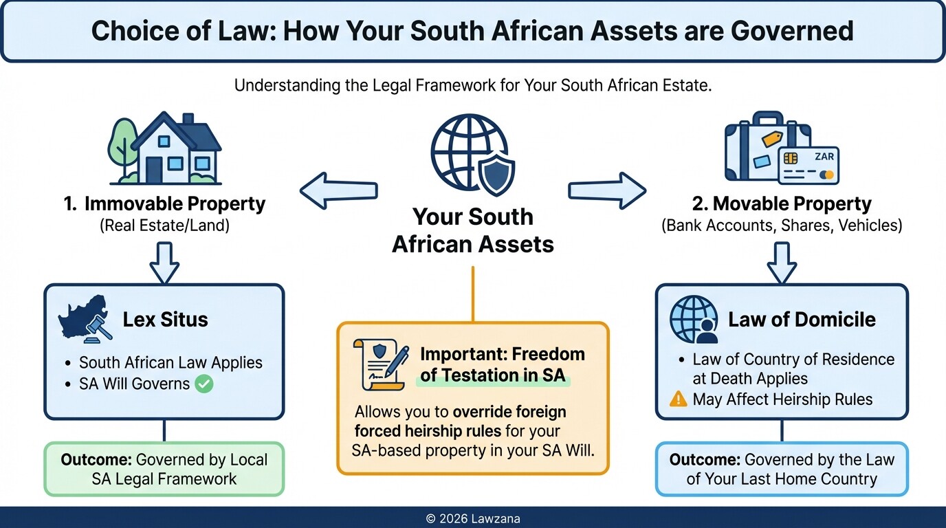 Diagram showing how South African law vs foreign law applies to different types of assets.
