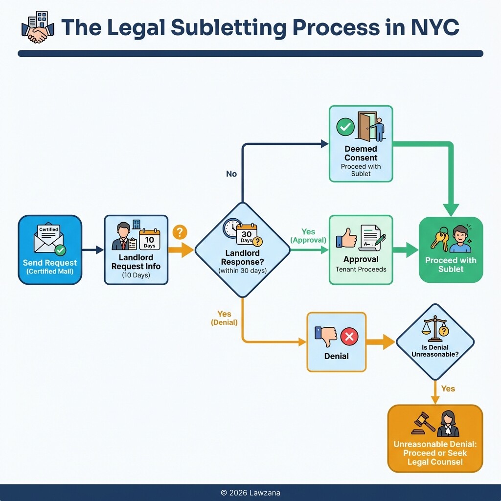 Flowchart showing the legal procedure for requesting a sublet in New York City.