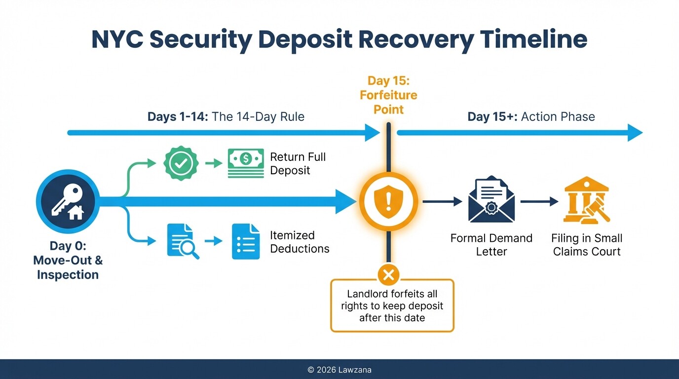 Timeline of New York City security deposit return process and legal deadlines.