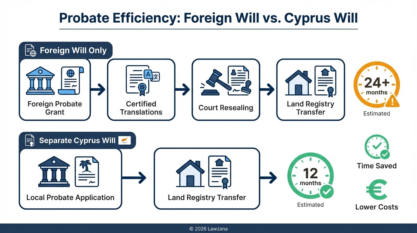 Flowchart comparing the probate process for foreign wills versus local Cyprus wills