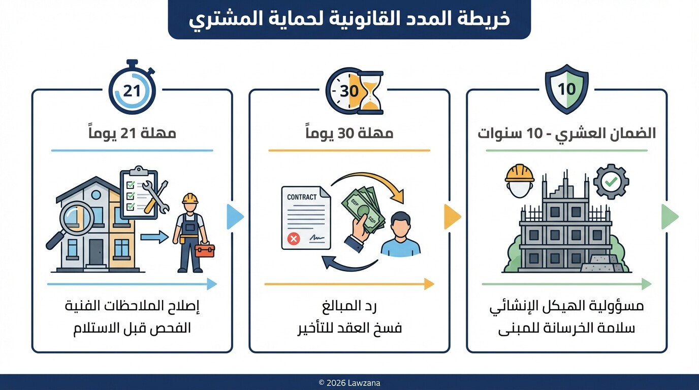 إنفوجرافيك يوضح المدد القانونية لضمان العيوب الإنشائية وفترات استرداد الأموال