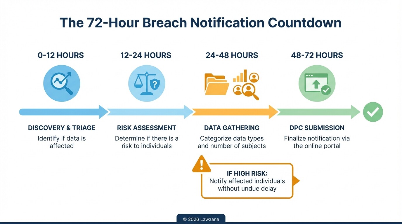 Infographic of the mandatory 72-hour GDPR breach notification timeline