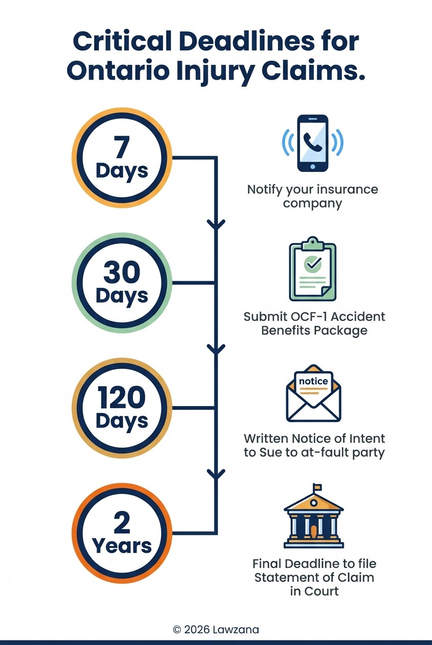 Timeline of mandatory deadlines for personal injury claims in Ontario, Canada.