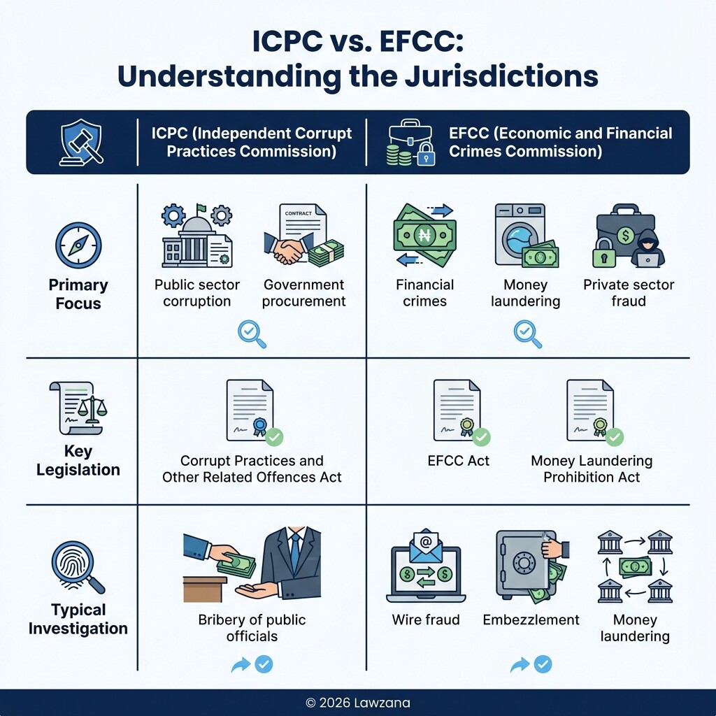 Comparison chart showing the differences between Nigeria's ICPC and EFCC regulatory bodies.