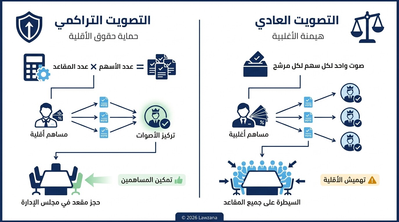 مقارنة توضيحية بين آلية التصويت العادي والتصويت التراكمي في الشركات المساهمة