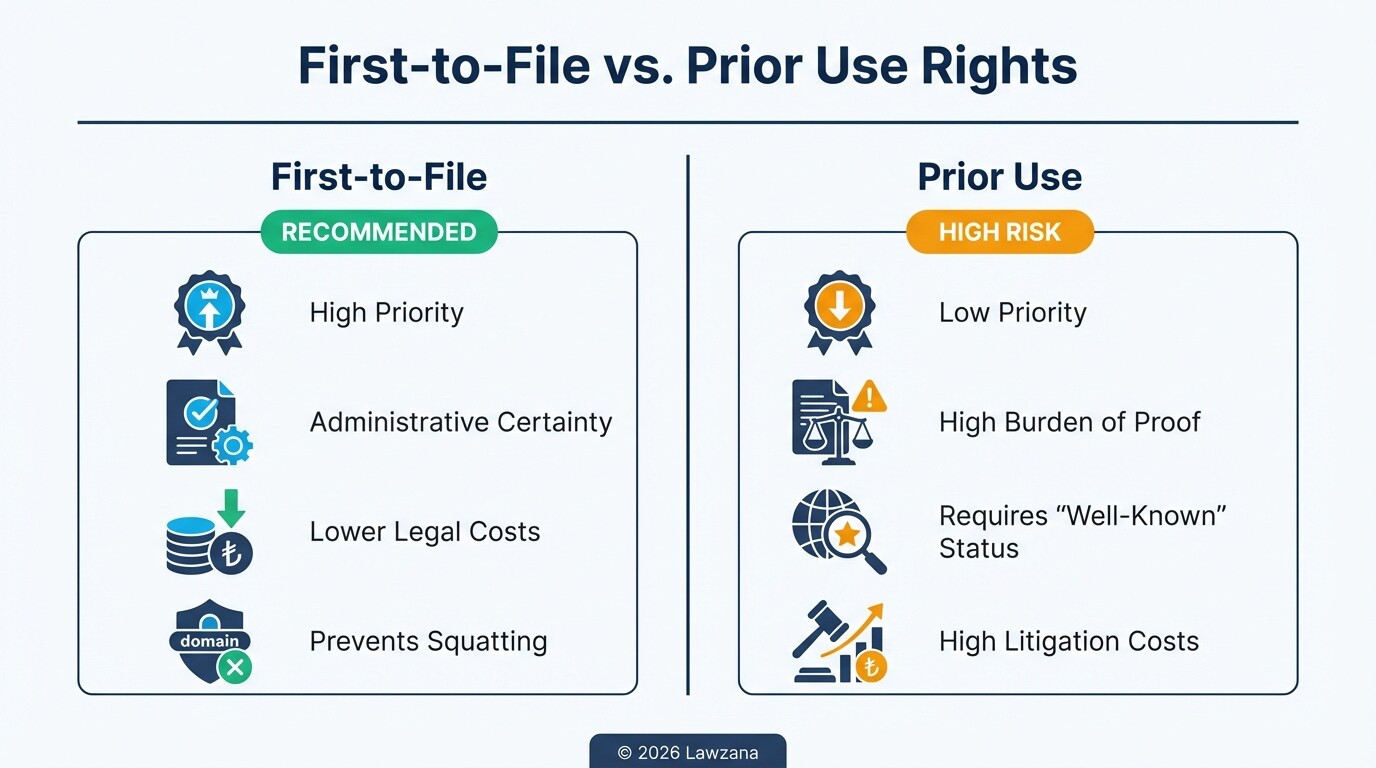 Comparison chart of first-to-file system versus prior use rights for IP protection.