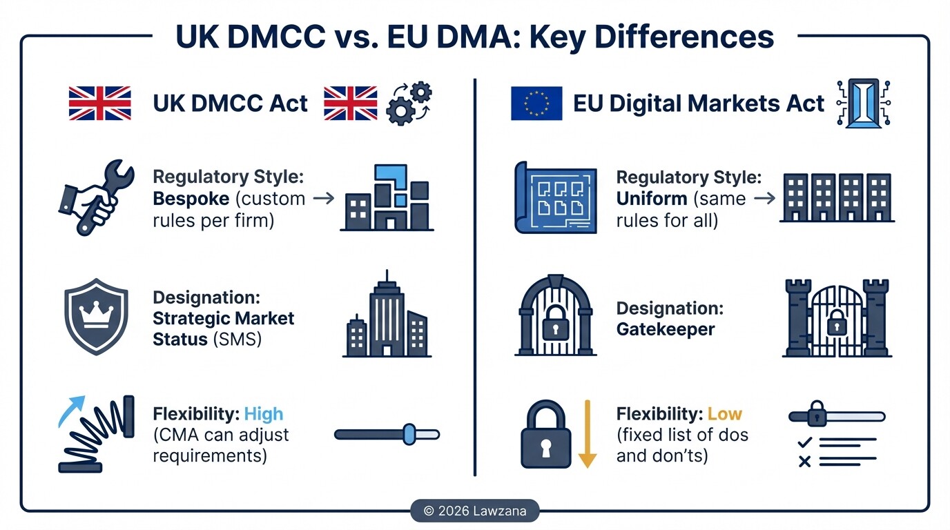 Comparison chart showing differences between the UK DMCC Act and the EU Digital Markets Act.