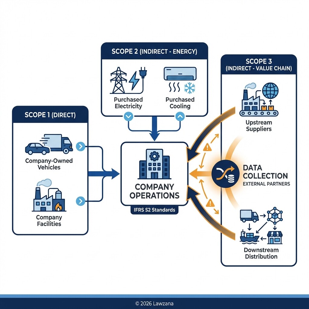 Diagram showing the difference between Scope 1, 2, and 3 greenhouse gas emissions.
