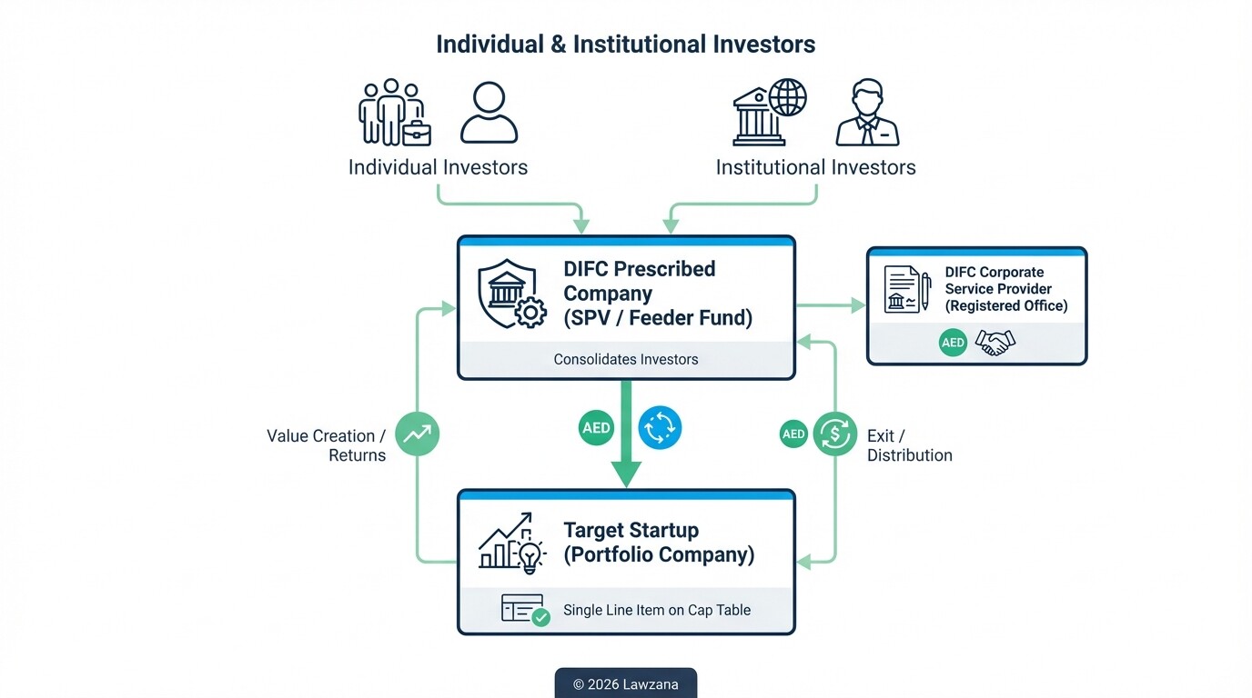 Diagram of a DIFC SPV acting as a feeder fund for venture capital deals.
