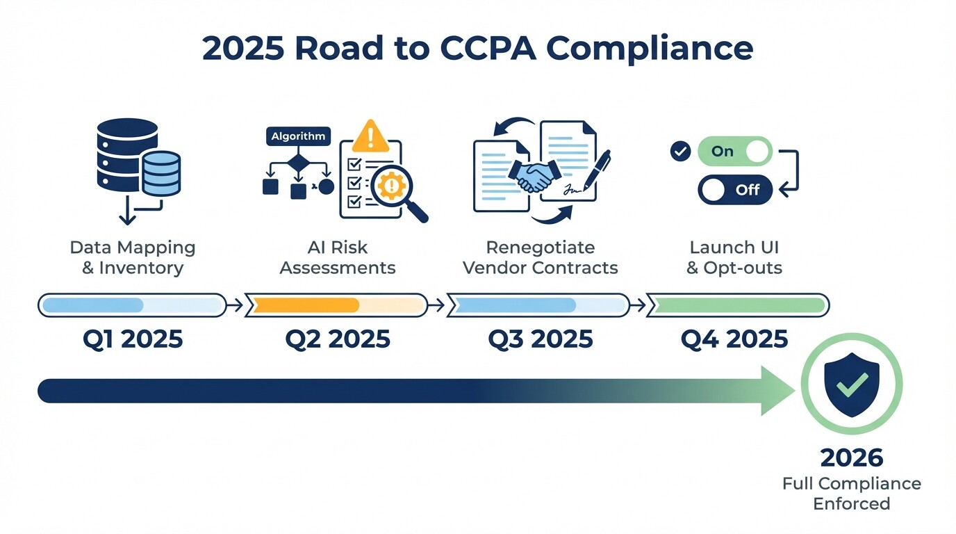 Quarterly 2025 timeline showing the four phases of CCPA compliance preparation
