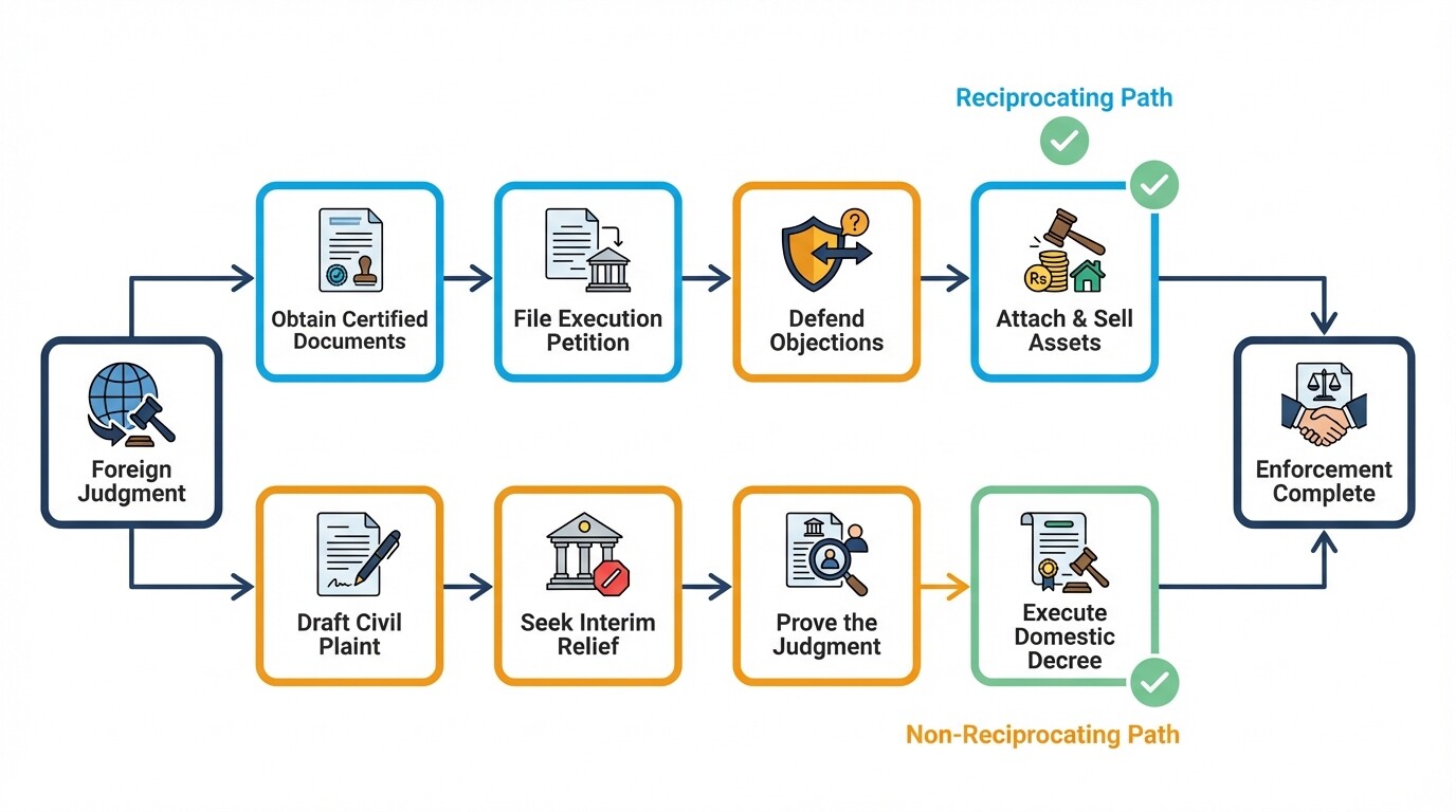 Flowchart showing the step-by-step enforcement process for foreign judgments in India