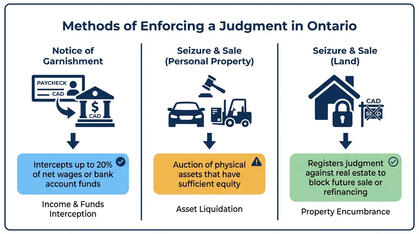 Comparison chart of judgment enforcement methods: Garnishment, Seizure of Personal Property, and Seizure of Land.
