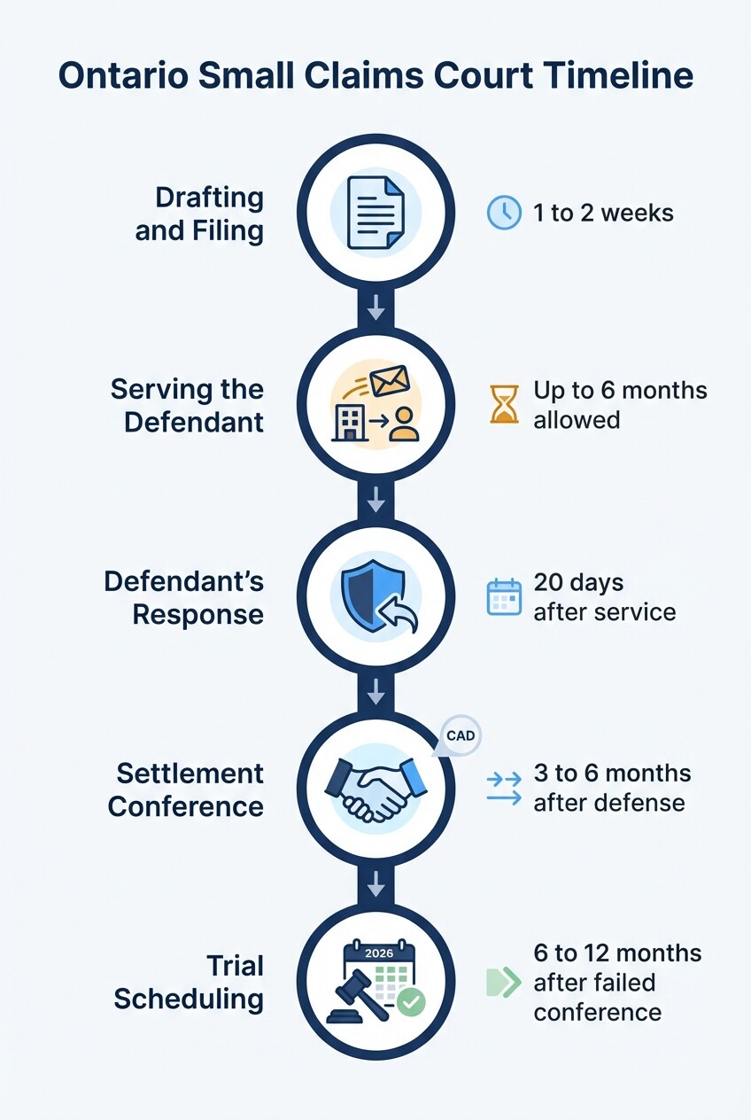 Timeline infographic showing the five stages of an Ontario Small Claims Court case from filing to trial.