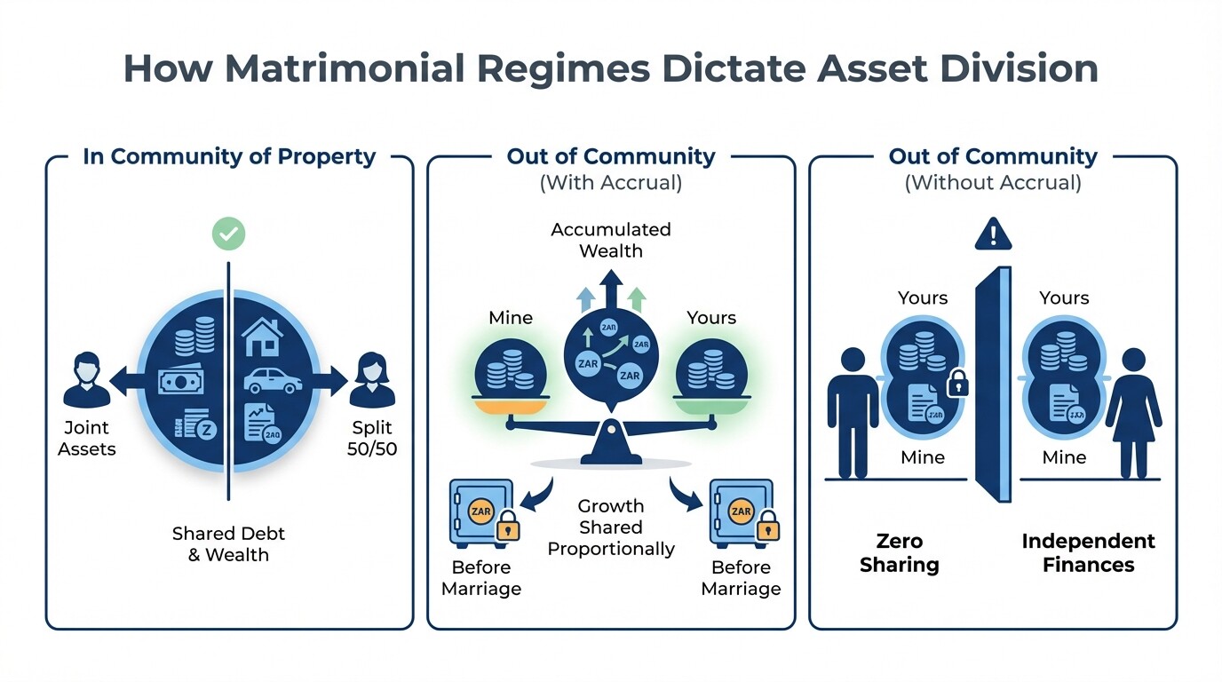 Illustration showing asset division in community of property versus out of community with or without accrual