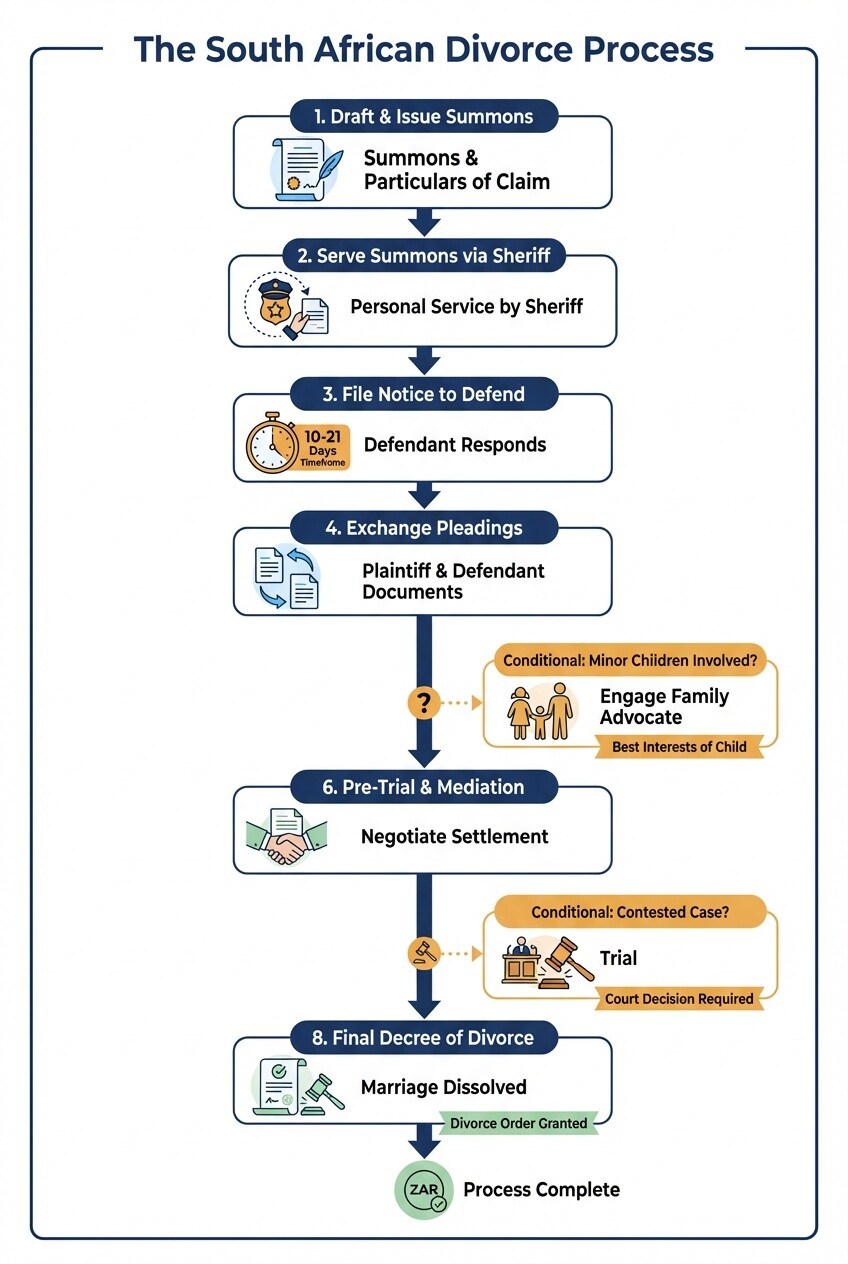 8-step timeline flowchart of the South African divorce process from summons to decree