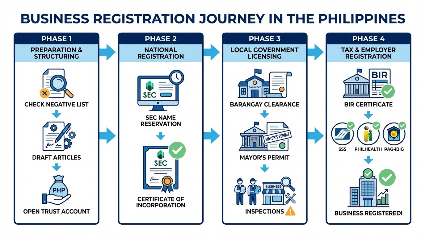 4-phase timeline showing the step-by-step Philippine corporate registration process