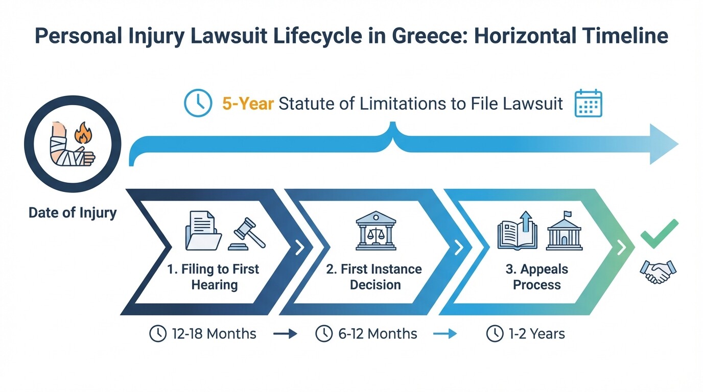 Timeline showing the 5-year statute of limitations and chronological phases of a Greek civil lawsuit