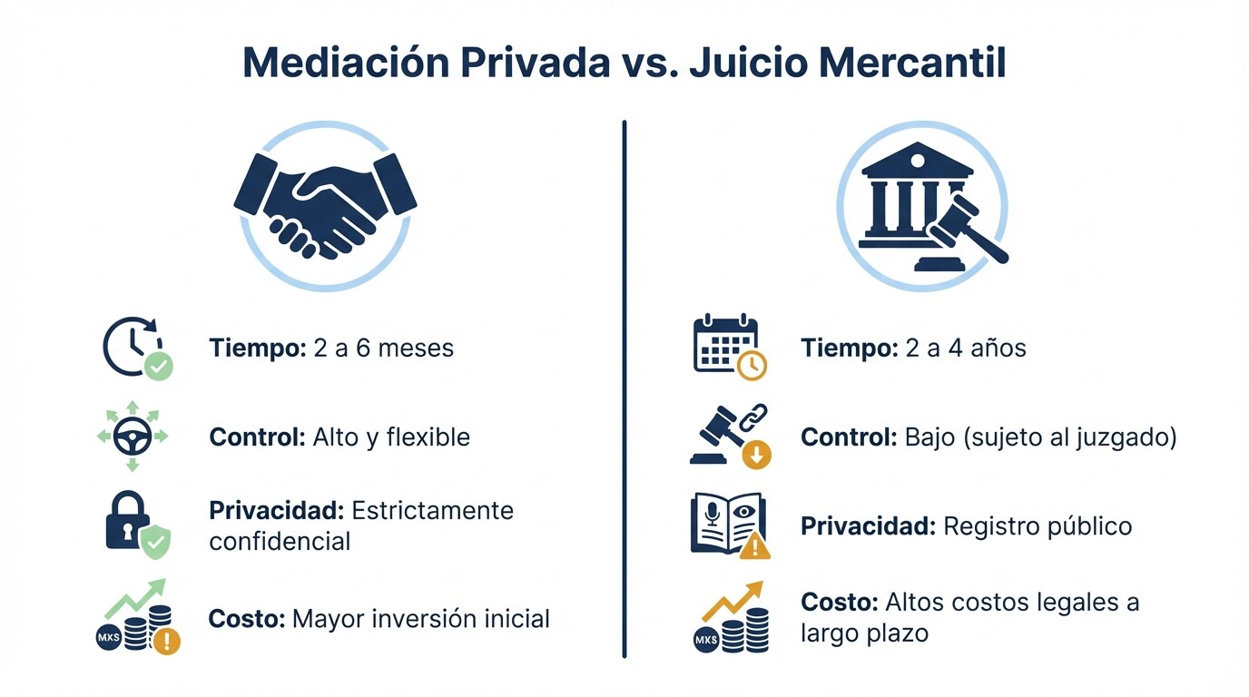 Cuadro comparativo entre mediación privada y juicio mercantil mostrando tiempos, costos y privacidad
