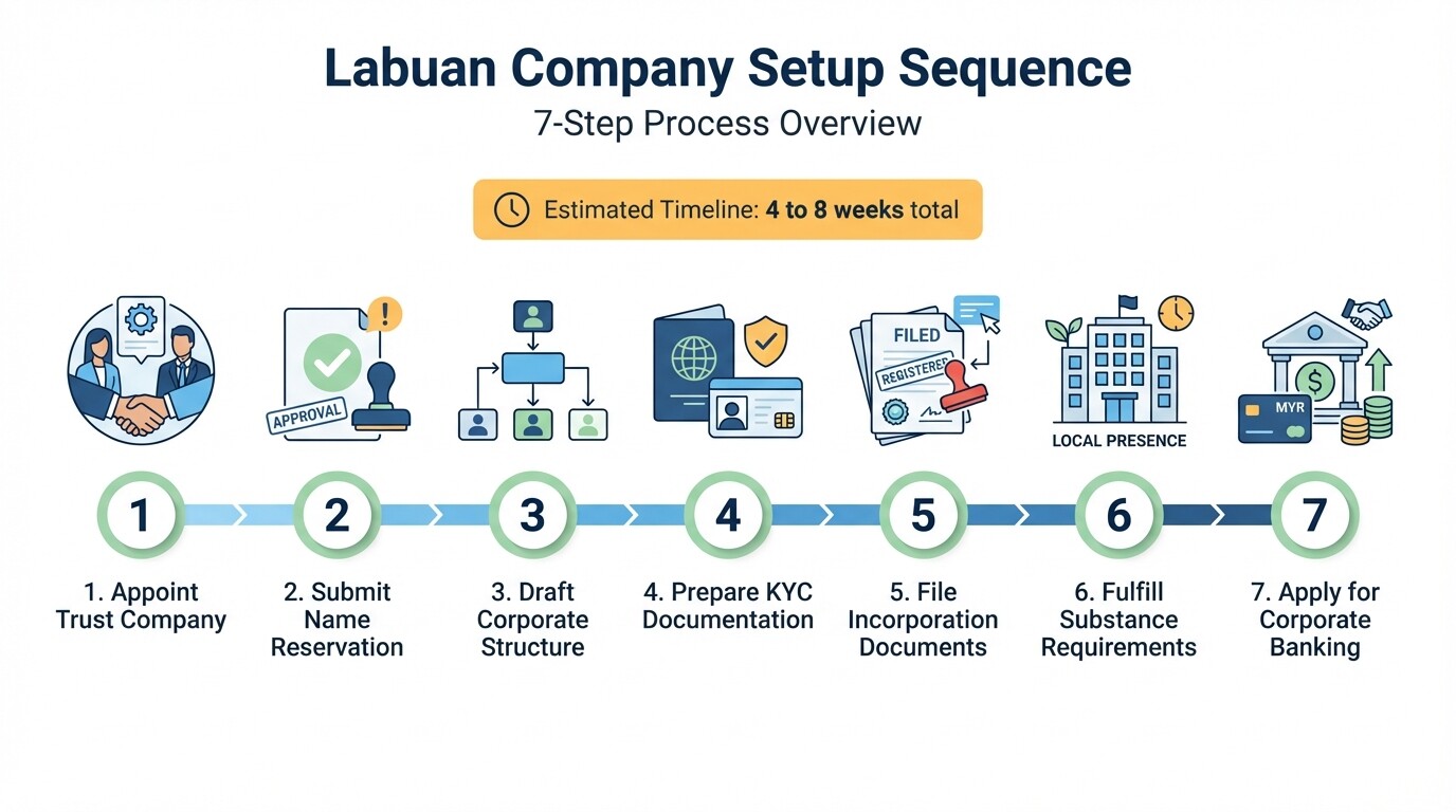7-step process infographic for setting up a Labuan offshore company