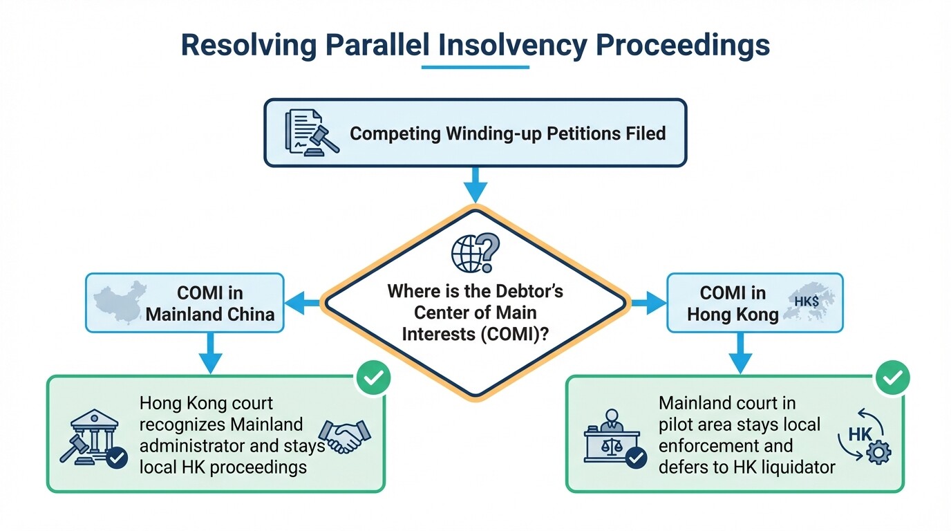 Flowchart detailing how courts resolve competing winding-up petitions based on COMI location
