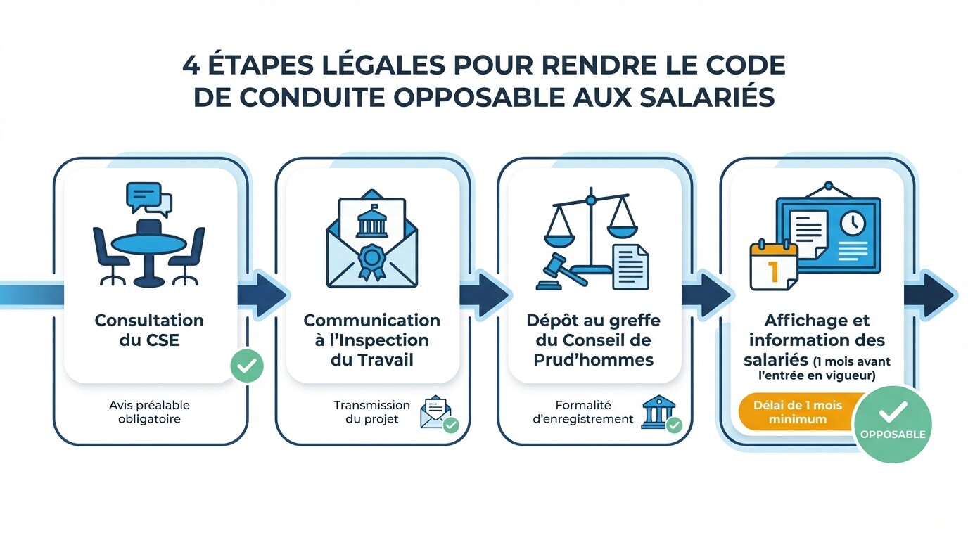 Frise chronologique des étapes d'intégration du code de conduite au règlement intérieur