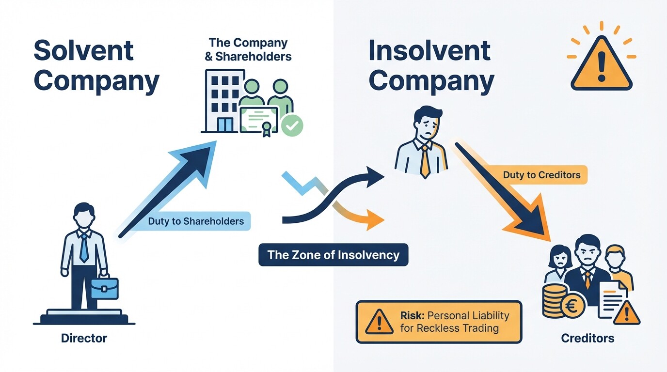 Diagram illustrating how directors' duties shift from shareholders to creditors during insolvency