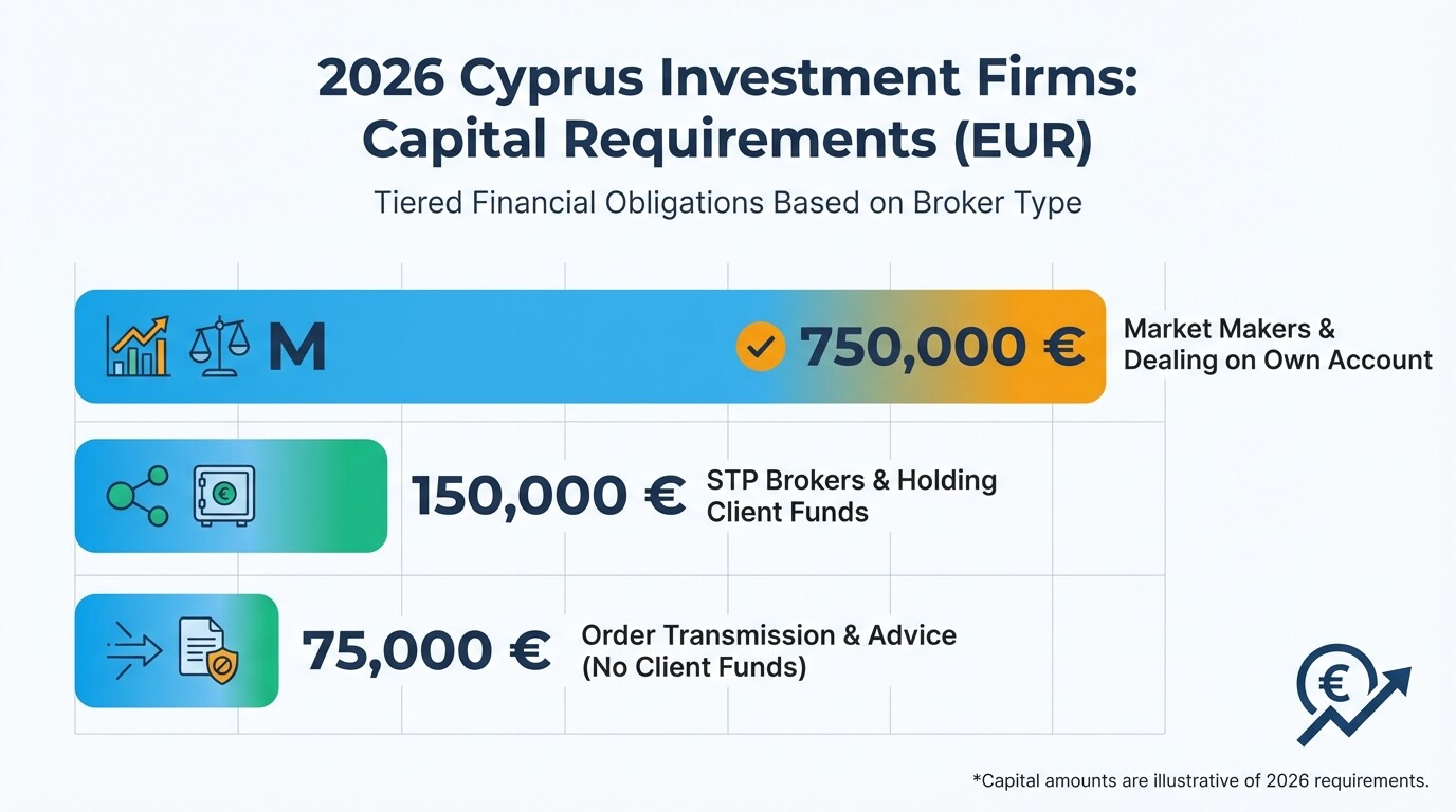 Bar chart showing 2026 Cyprus Investment Firm capital requirements from 75,000 to 750,000 EUR