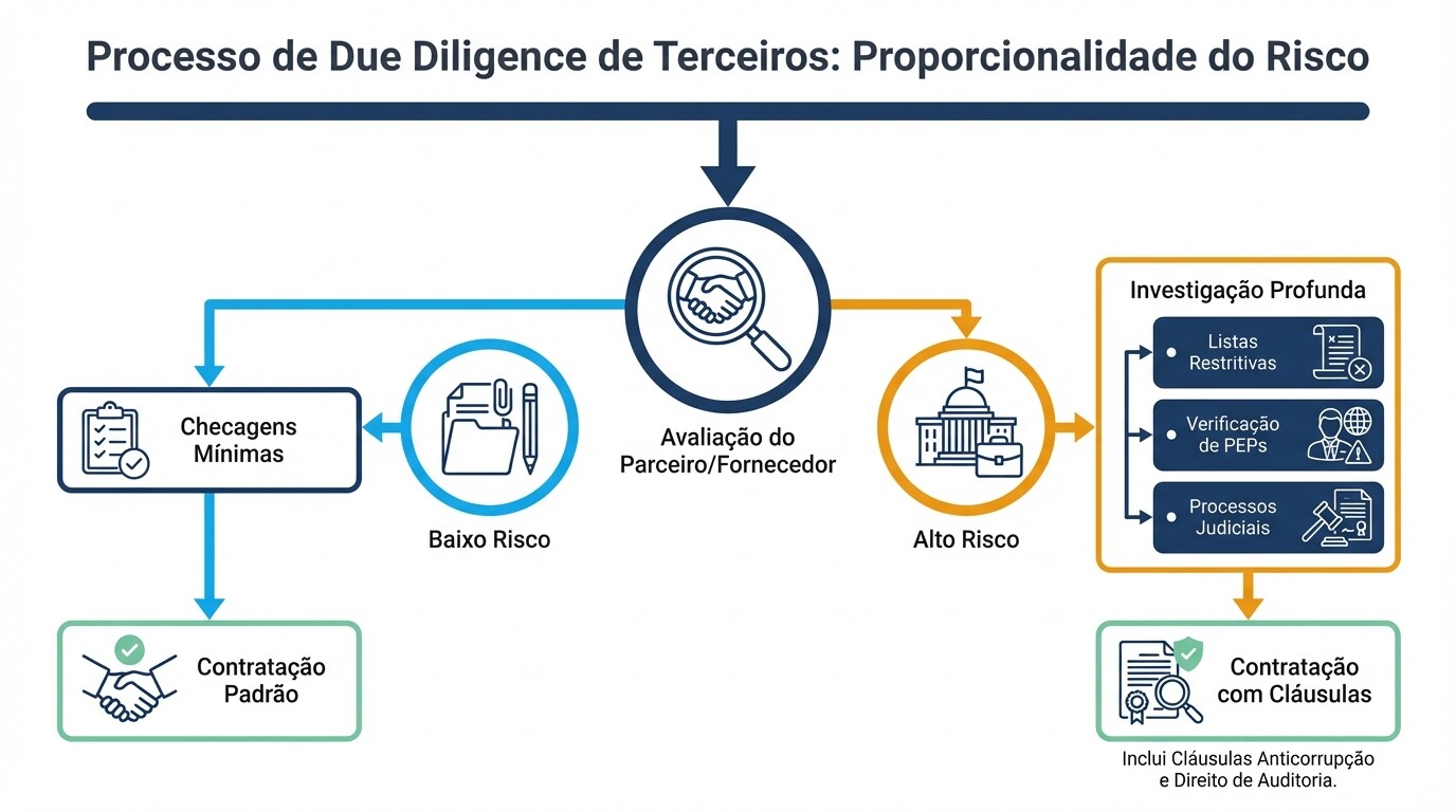 Diagrama de fluxo mostrando a diferença entre a due diligence de alto risco e de baixo risco