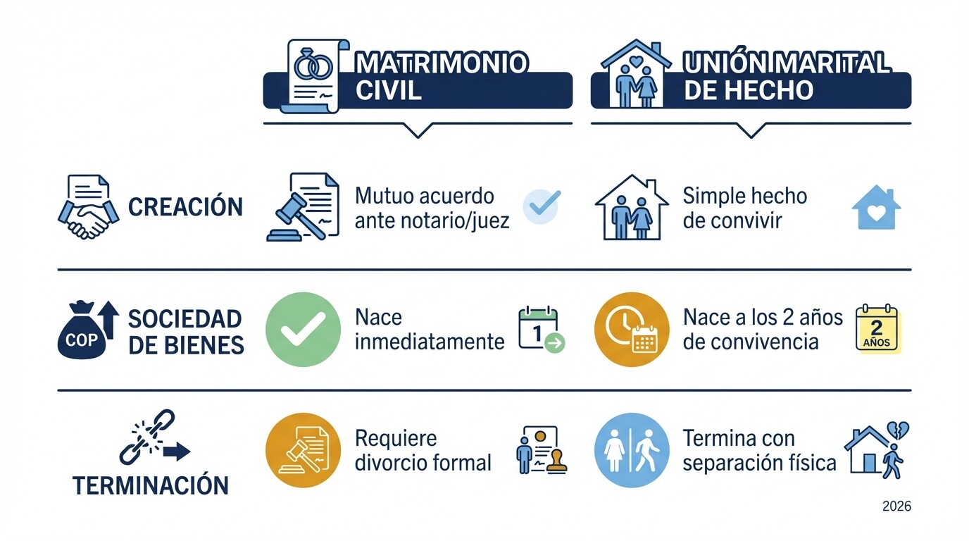 Tabla comparativa de diferencias entre matrimonio civil y unión marital de hecho en Colombia