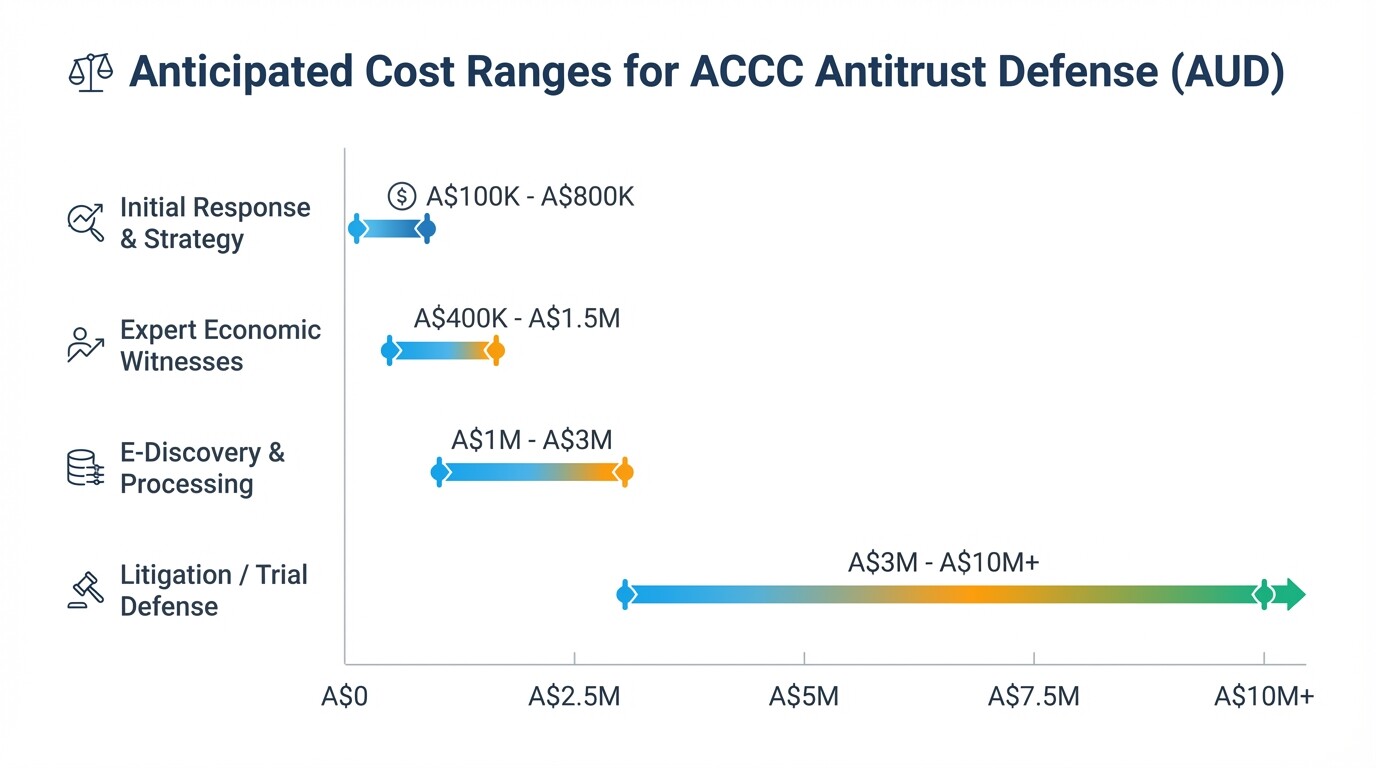 Bar chart visualizing the estimated costs of ACCC antitrust defense phases from initial response to trial