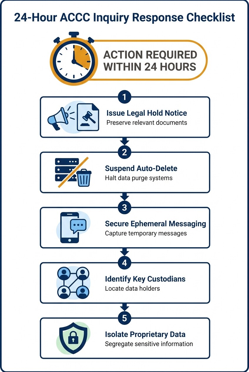 5-step 24-hour checklist for executing legal holds during an ACCC inquiry