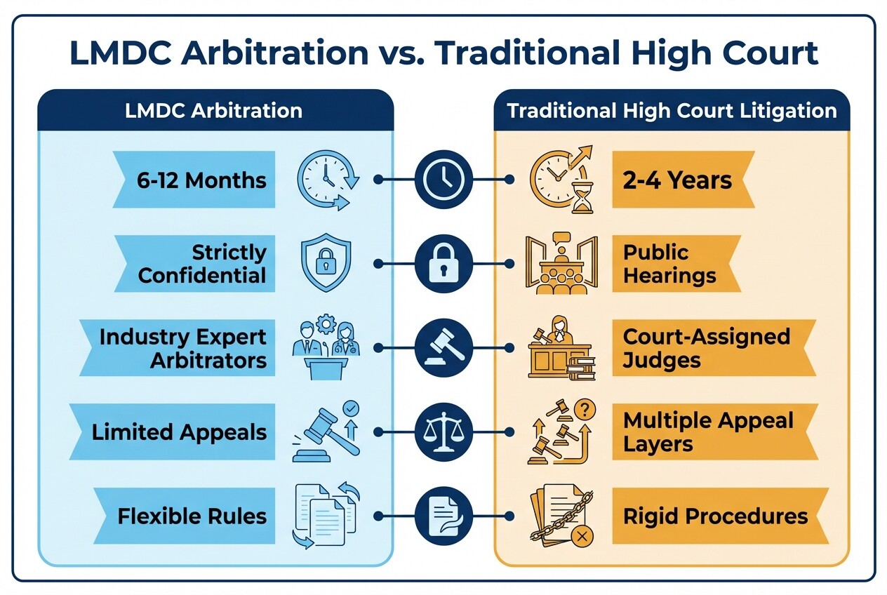 Comparison chart showing differences between LMDC Arbitration and Traditional High Court Litigation in Nigeria