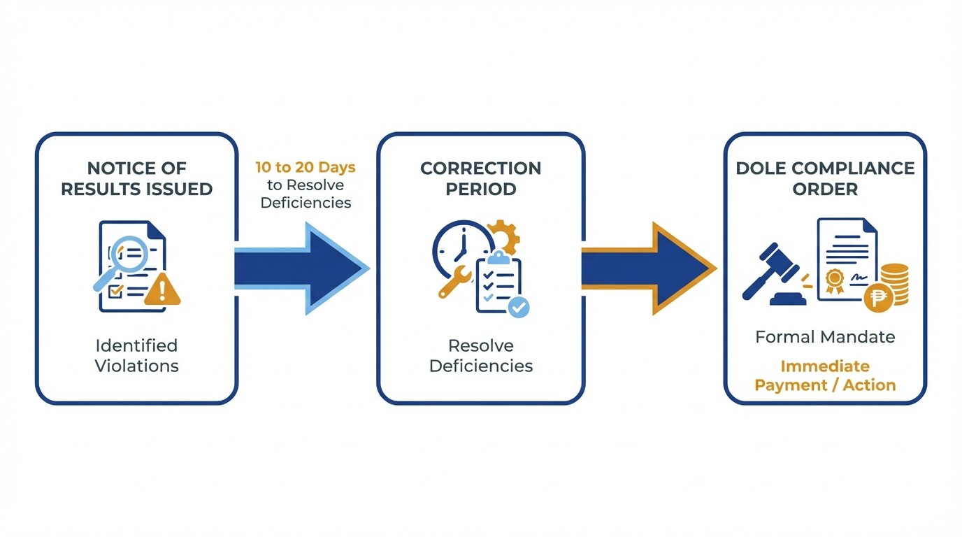 Flowchart detailing the DOLE inspection notice of results and compliance order process