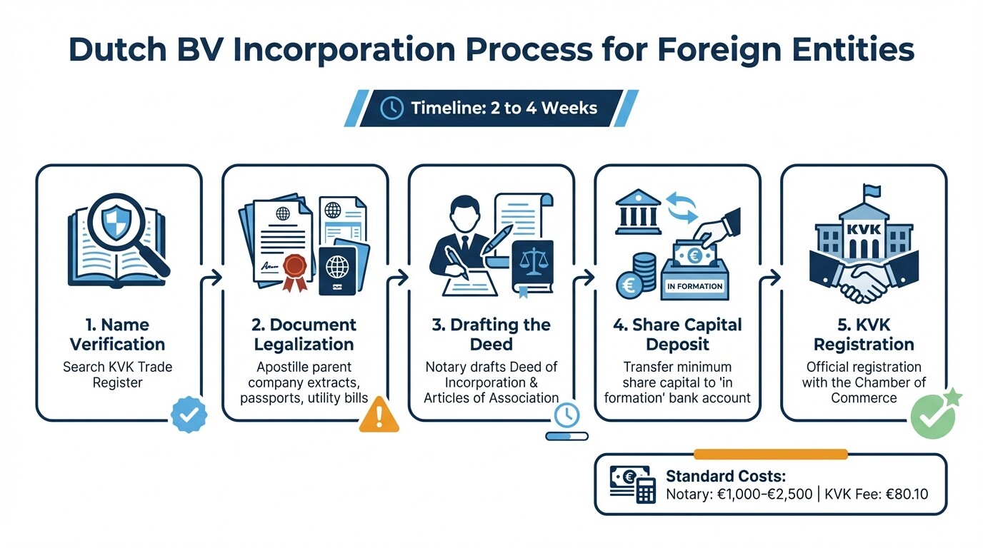 5-step timeline infographic showing the Dutch BV incorporation process and requirements