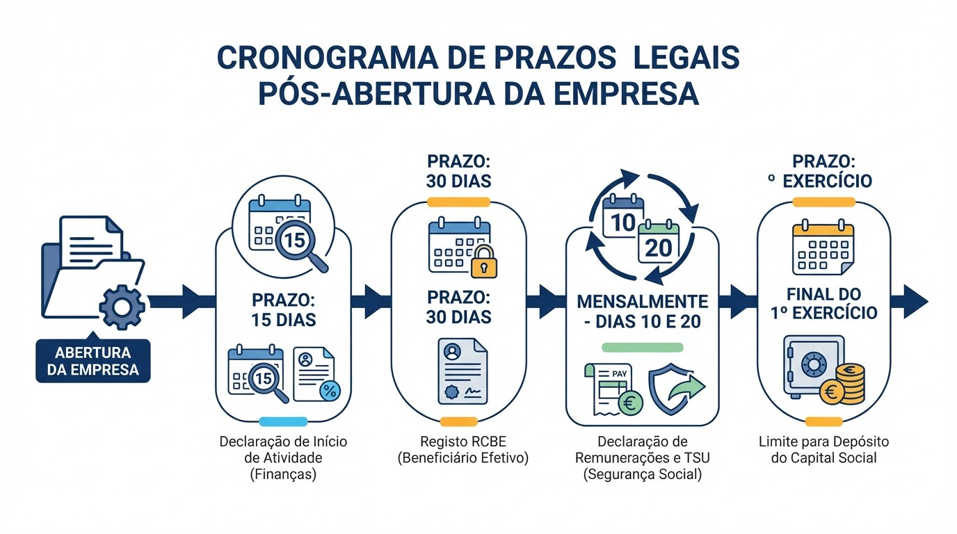 Cronograma de prazos legais e obrigações declarativas após a abertura de uma empresa em Portugal