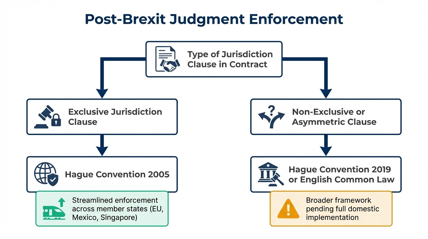 Decision tree diagram showing how different jurisdiction clauses trigger different Hague Convention rules