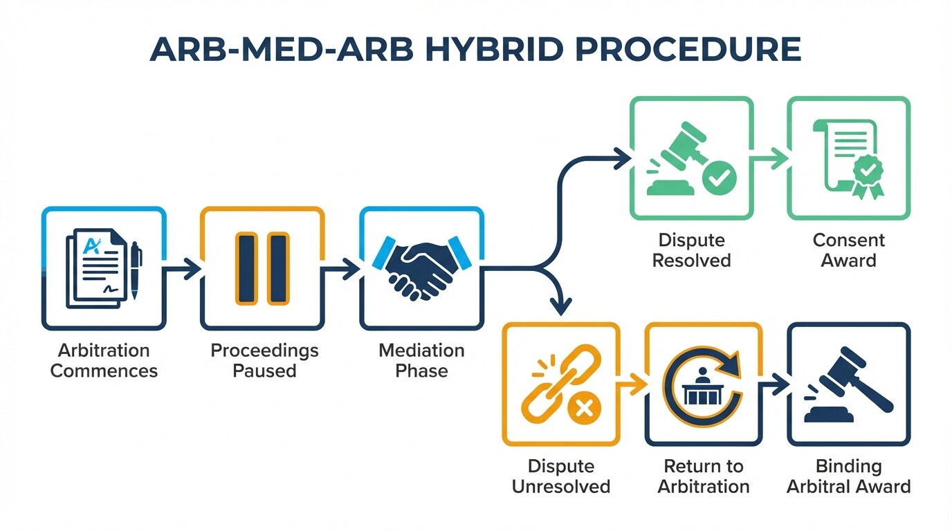 Flowchart illustrating the Arb-Med-Arb hybrid dispute resolution process from start to binding award