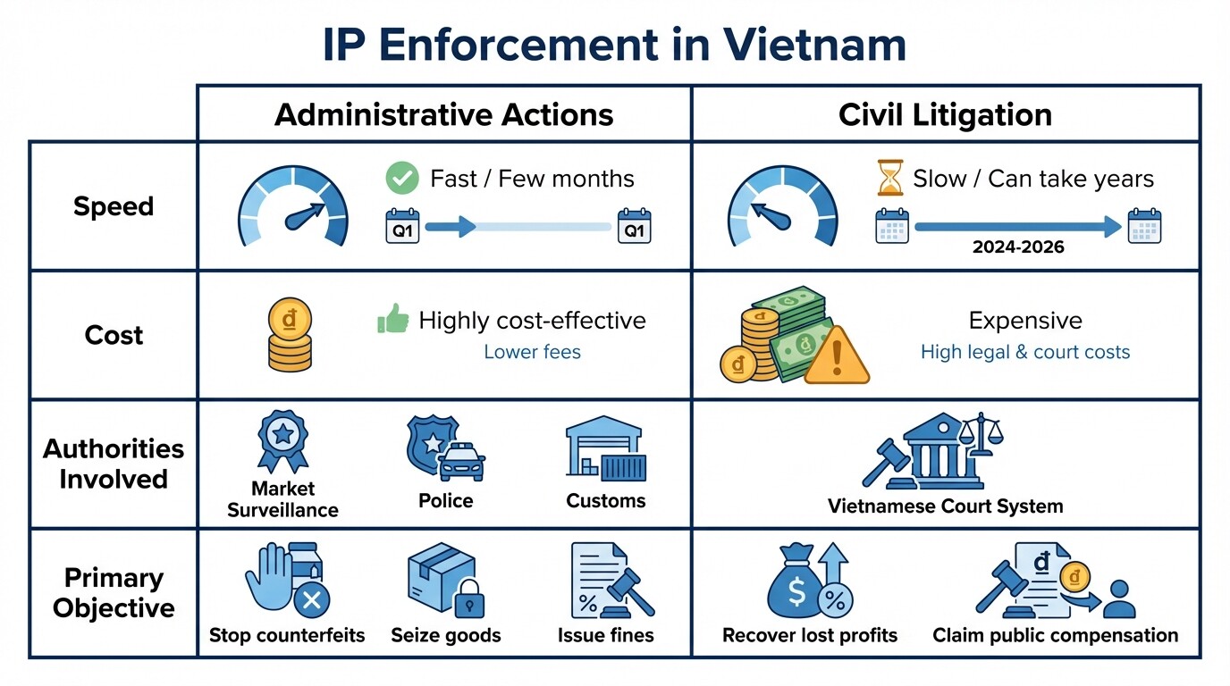 Comparison chart of Administrative Actions versus Civil Litigation for IP enforcement in Vietnam