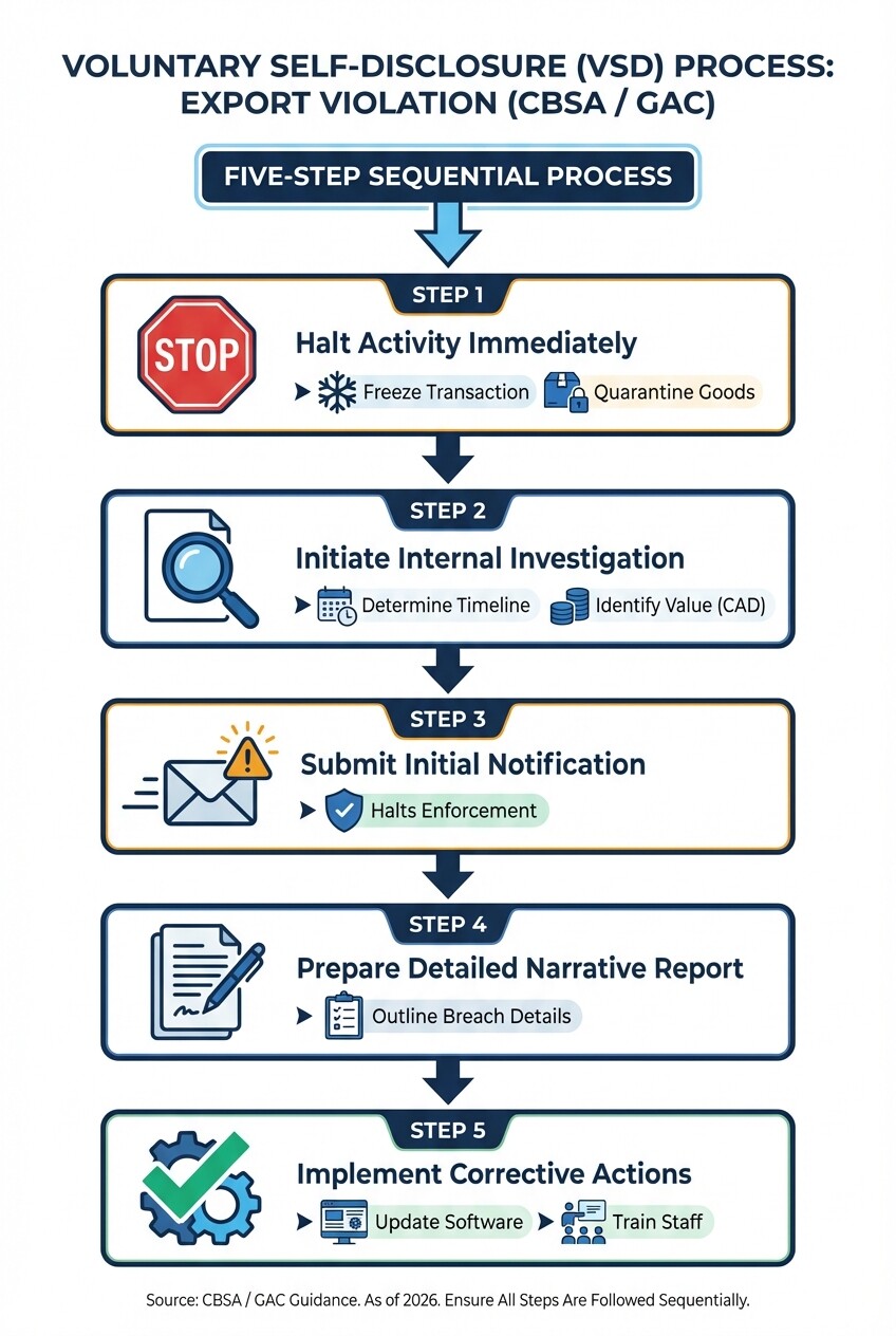 Flowchart diagram of the 5 steps to voluntarily disclose an export violation in Canada