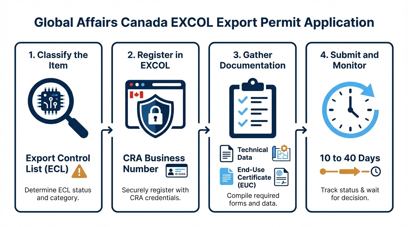 4-step infographic showing how to apply for Canadian export permits via EXCOL